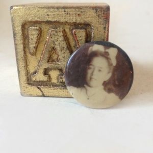 mourning pin vintage celluloid sepia photographic image young girl